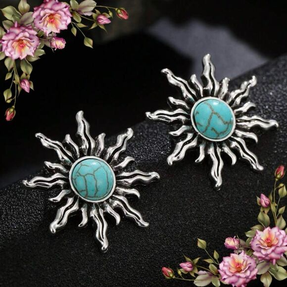 Sun shape Vintage style fake Turquoise Stud Earrings - Picture 1 of 8
